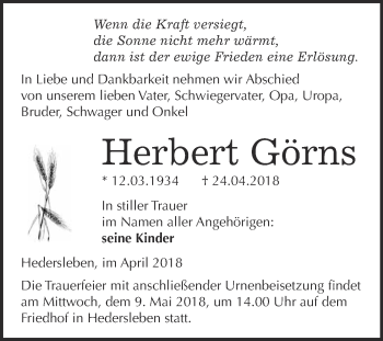 Traueranzeige von Herbert Görns von WVG - Wochenspiegel Quedlinburg