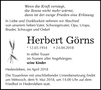 Traueranzeige von Herbert Görns von Mitteldeutsche Zeitung Quedlinburg