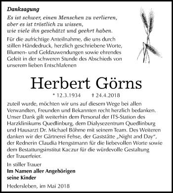 Traueranzeige von Herbert Görns von Mitteldeutsche Zeitung Quedlinburg
