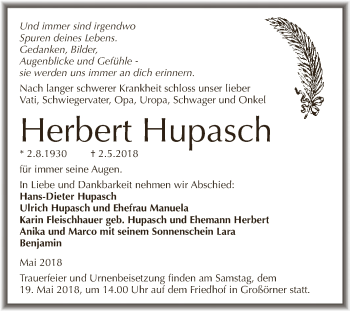 Traueranzeige von Herbert Hupasch von Wochenspiegel Mansfelder Land