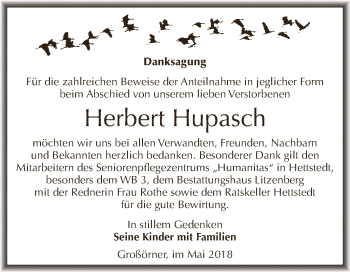 Traueranzeige von Herbert Hupasch von Wochenspiegel Mansfelder Land