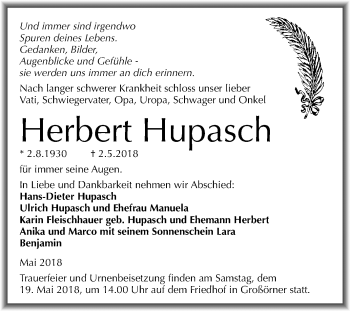 Traueranzeige von Herbert Hupasch von Mitteldeutsche Zeitung