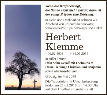 Traueranzeige von Herbert Klemme von WVG - Wochenspiegel Dessau / Köthen