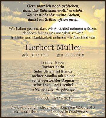 Traueranzeige von Herbert Müller von WVG - Wochenspiegel NMB / WSF / ZTZ