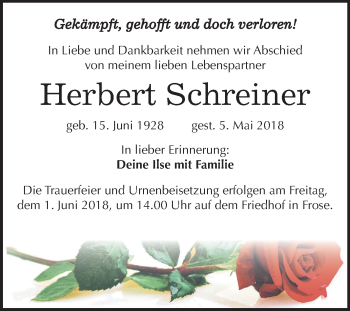 Traueranzeige von Herbert Schreiner von Mitteldeutsche Zeitung Aschersleben