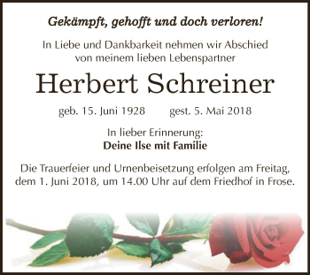 Traueranzeige von Herbert Schreiner von Super Sonntag Aschersleben