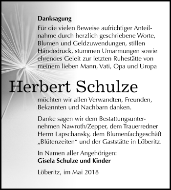 Traueranzeige von Herbert Schulze von Mitteldeutsche Zeitung Bitterfeld