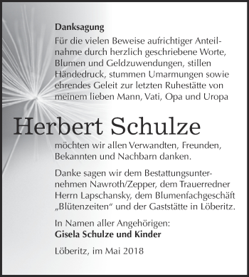 Traueranzeige von Herbert Schulze von WVG - Wochenspiegel Bitterfeld