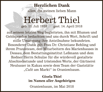 Traueranzeige von Herbert Thiel von WVG - Wochenspiegel Dessau / Köthen