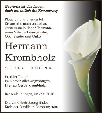 Traueranzeige von Hermann Krombholz von Super Sonntag Bernburg