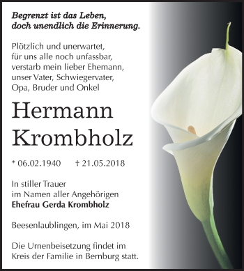 Traueranzeige von Hermann Krombholz von Mitteldeutsche Zeitung Bernburg