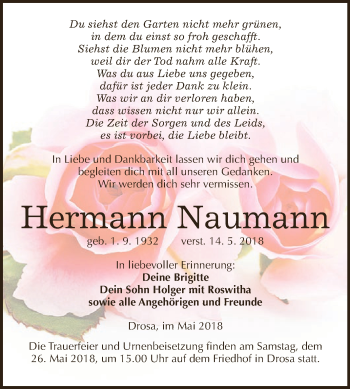 Traueranzeige von Hermann Naumann von WVG - Wochenspiegel Dessau / Köthen