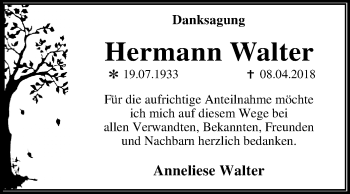 Traueranzeige von Hermann Walter von Mitteldeutsche Zeitung Dessau-Roßlau