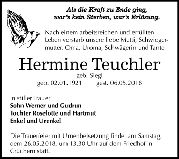 Traueranzeige von Hermine Teuchler von Mitteldeutsche Zeitung Bernburg