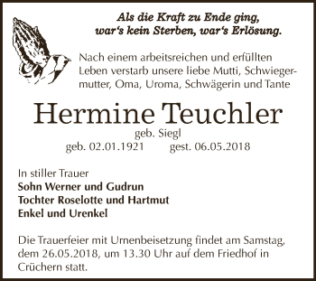 Traueranzeige von Hermine Teuchler von Super Sonntag Bernburg
