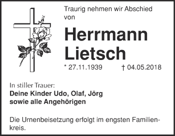 Traueranzeige von Herrmann Lietsch von WVG - Wochenspiegel Bitterfeld