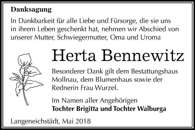  Traueranzeige für Herta Bennewitz vom 12.05.2018 aus Mitteldeutsche Zeitung Merseburg/Querfurt