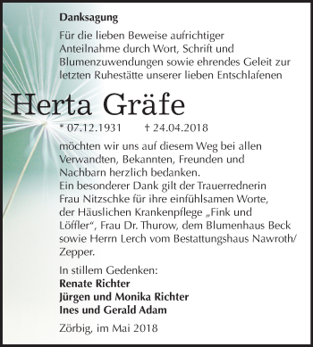 Traueranzeige von Herta Gräfe von Mitteldeutsche Zeitung Bitterfeld