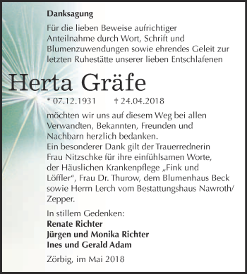 Traueranzeige von Herta Gräfe von WVG - Wochenspiegel Bitterfeld