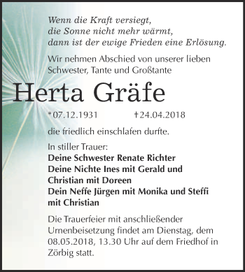 Traueranzeige von Herta Gräfe von WVG - Wochenspiegel Bitterfeld