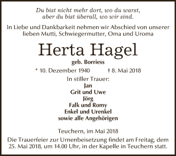 Traueranzeige von Herta Hagel von WVG - Wochenspiegel NMB / WSF / ZTZ