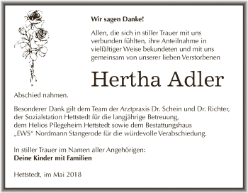 Traueranzeige von Hertha Adler von Super Sonntag SGH Mansf. Land