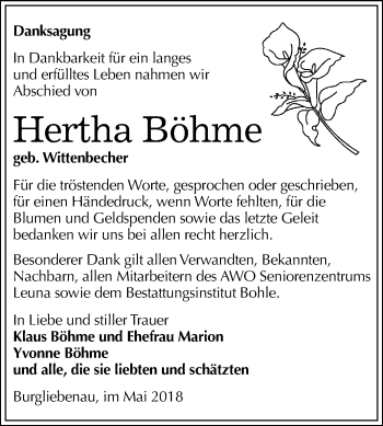 Traueranzeige von Hertha Böhme von WVG - Wochenspiegel Merseburg