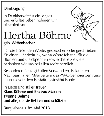 Traueranzeige von Hertha Böhme von Mitteldeutsche Zeitung Merseburg/Querfurt