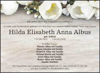 Traueranzeige von Hilda Elisabeth Anna Albus von Mitteldeutsche Zeitung Sangerhausen