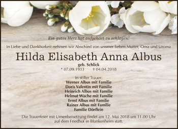 Traueranzeige von Hilda Elisabeth Anna Albus von WVG - Wochenspiegel SGH