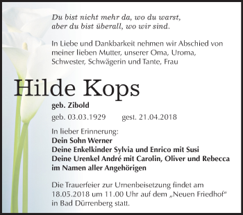 Traueranzeige von Hilde Kops von Mitteldeutsche Zeitung