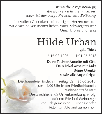 Traueranzeige von Hilde Urban von WVG - Wochenspiegel Wittenberg