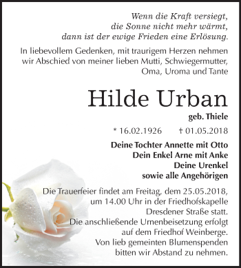 Traueranzeige von Hilde Urban von Mitteldeutsche Zeitung