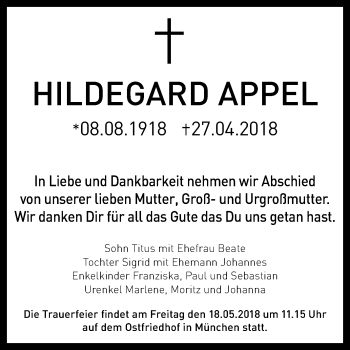 Traueranzeige von Hildegard Appel von Mitteldeutsche Zeitung Halle/Saalkreis