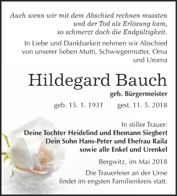 Traueranzeige von Hildegard Bauch von WVG - Wochenspiegel Wittenberg