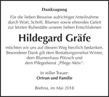 Traueranzeige von Hildegard Gräfe von WVG - Wochenspiegel Bitterfeld