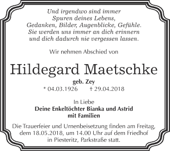 Traueranzeige von Hildegard Maetschke von WVG - Wochenspiegel Wittenberg