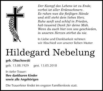 Traueranzeige von Hildegard Nebelung von Mitteldeutsche Zeitung