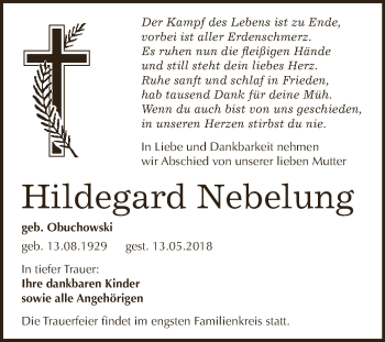 Traueranzeige von Hildegard Nebelung von Super Sonntag SGH Mansf. Land