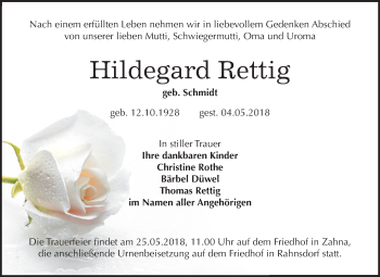 Traueranzeige von Hildegard Rettig von Mitteldeutsche Zeitung