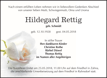 Traueranzeige von Hildegard Rettig von WVG - Wochenspiegel Wittenberg