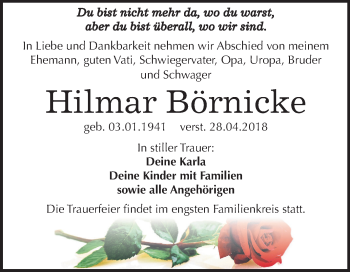 Traueranzeige von Hilmar Börnicke von Mitteldeutsche Zeitung Weißenfels