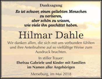Traueranzeige von Hilmar Dahle von Super Sonntag Merseburg