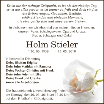 Traueranzeige von Holm Stieler von WVG - Wochenspiegel Dessau / Köthen
