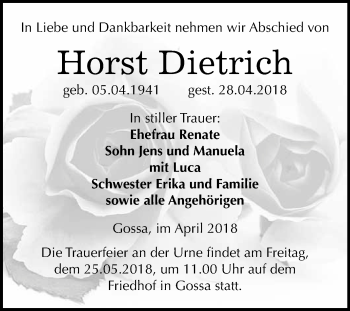Traueranzeige von Horst Dietrich von WVG - Wochenspiegel Bitterfeld