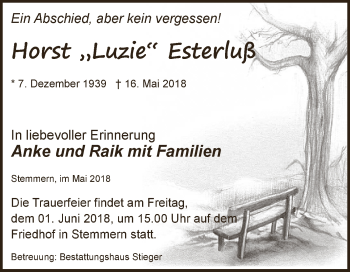 Traueranzeige von Horst Esterluß von WVG - Wochenspiegel Dessau / Köthen