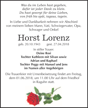 Traueranzeige von Horst Lorenz von WVG - Wochenspiegel Bitterfeld