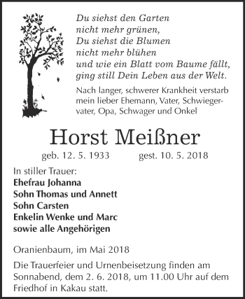 Traueranzeige von Horst Meißner von WVG - Wochenspiegel Wittenberg
