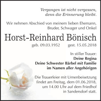 Traueranzeige von Horst-Reinhard Bönisch von WVG - Wochenspiegel Bitterfeld