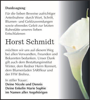 Traueranzeige von Horst Schmidt von WVG - Wochenspiegel Bitterfeld